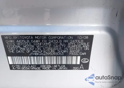 2009 Lexus Is 250 z USA, uszkodzony, nr VIN JTHBK262395093053